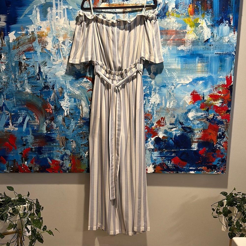 BCBGMaxAzria Cream Ruffled Off-Shoulder Jumpsuit, Size M